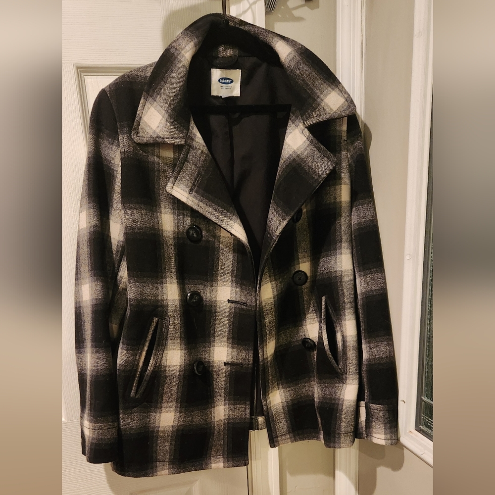 Wool double-breasted warm black plaid  womens old navy medium pea coat